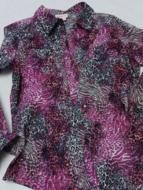 Ariat Purple and Black Animal-Print Button Front Top L Snap Buttons Zebra